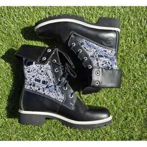 Timberland Logo Print Premium Tall Lace Up Women Black Nubuck Boots Sz 8